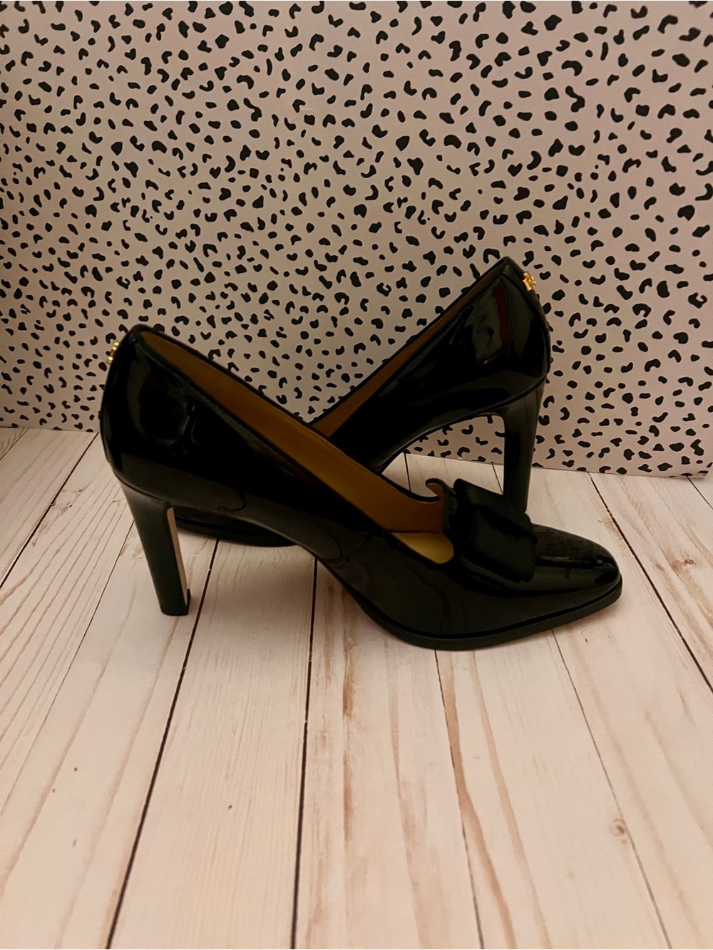 Lauren Ralph Lauren Black Patent Leather High Heel Pumps with Loafer Bow
